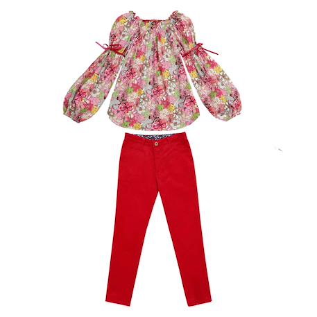Ensemble   pantalon velours  & blouse fleurie Rouge 1 - vertbaudet enfant 