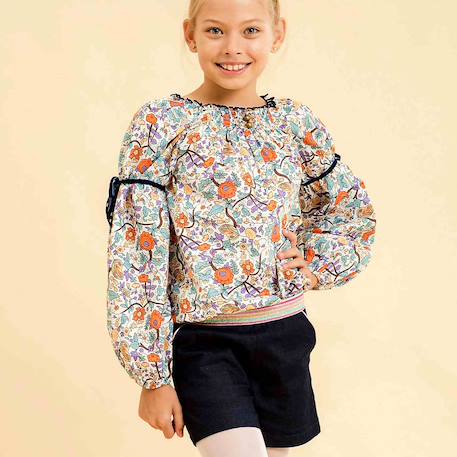 Blouse intersaison fleurie   liberty   col smocks  chimene Bleu lilas+Bleu roi+Marron beige+Orange+Rouge fleuri 15 - vertbaudet enfant 