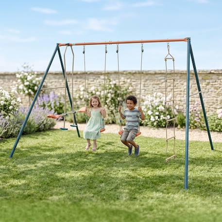 Portique balançoire métal 2,20 m axion maho - 5 enfants Bleu/corail 1 - vertbaudet enfant 