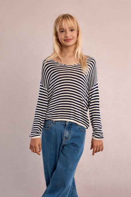Pull en maille rayé Offwhite/navy blue 3 - vertbaudet enfant 