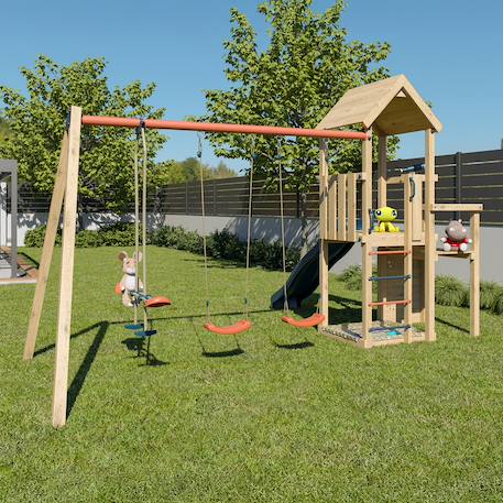 Aire de jeux avec toboggan xchange clever avec poutre métal 3 agrès pour enfants Bois 4 - vertbaudet enfant 