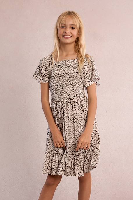 Fille-Robe-Robe à smocks, imprimé léopard