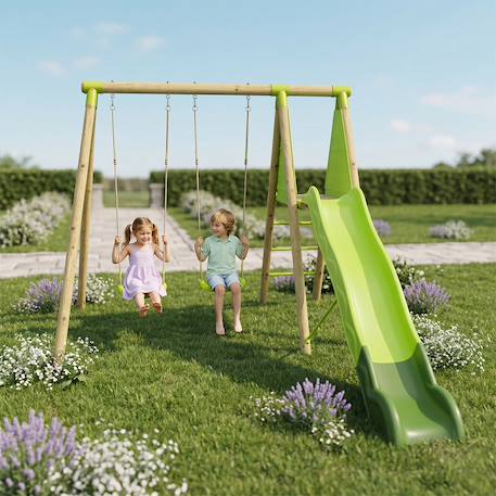 Portique balançoire et toboggan en bois 2,30m lumi Bois 1 - vertbaudet enfant 