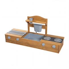 Jouet-Jeux de plein air-Jeux de plage-Tentes anti UV-Bac à sable et cuisine 2 en 1 pour balcon - certifié fsc® - bois massif lasuré gris