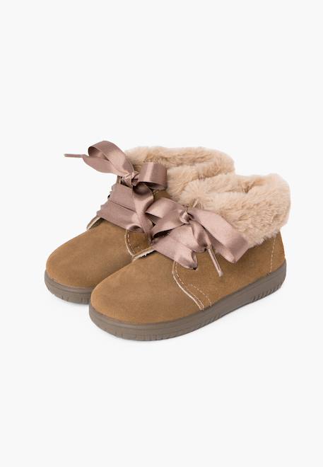 Bottines en suède fille col fourrure lacets en satin Bleu marine+Gris+Marron+Rose+Taupe 28 - vertbaudet enfant 