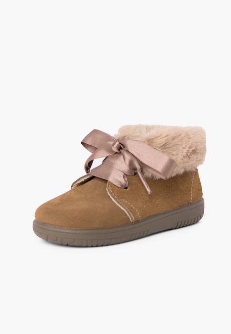 Bottines en suède fille col fourrure lacets en satin Bleu marine+Gris+Marron+Rose+Taupe 26 - vertbaudet enfant 