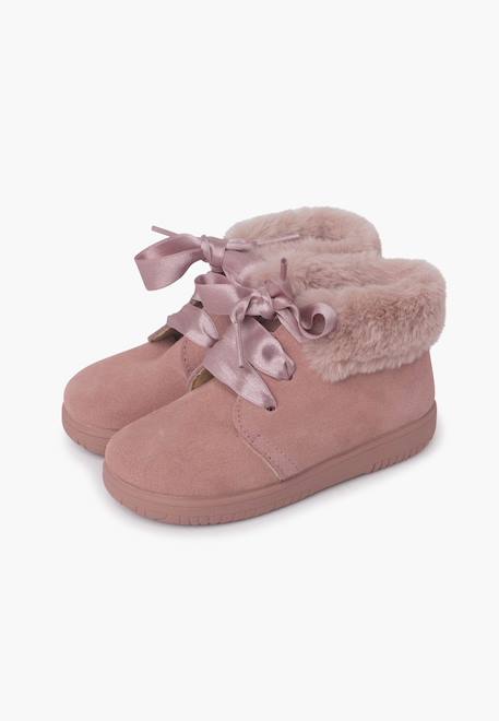Bottines en suède fille col fourrure lacets en satin Bleu marine+Gris+Marron+Rose+Taupe 22 - vertbaudet enfant 