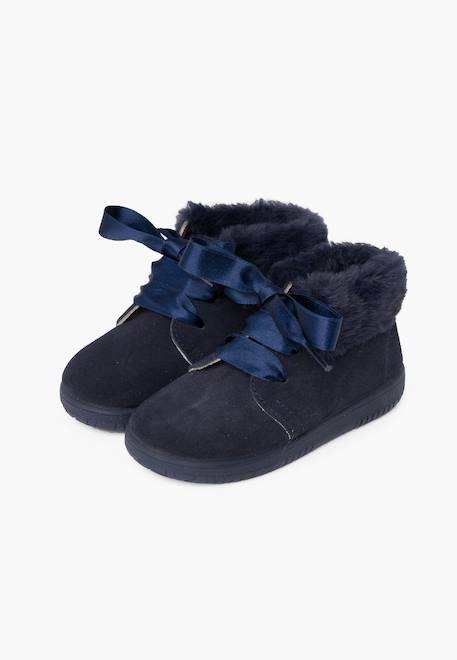 Bottines en suède fille col fourrure lacets en satin Bleu marine+Gris+Marron+Rose+Taupe 4 - vertbaudet enfant 