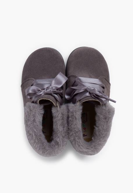 Bottines en suède fille col fourrure lacets en satin Bleu marine+Gris+Marron+Rose+Taupe 11 - vertbaudet enfant 
