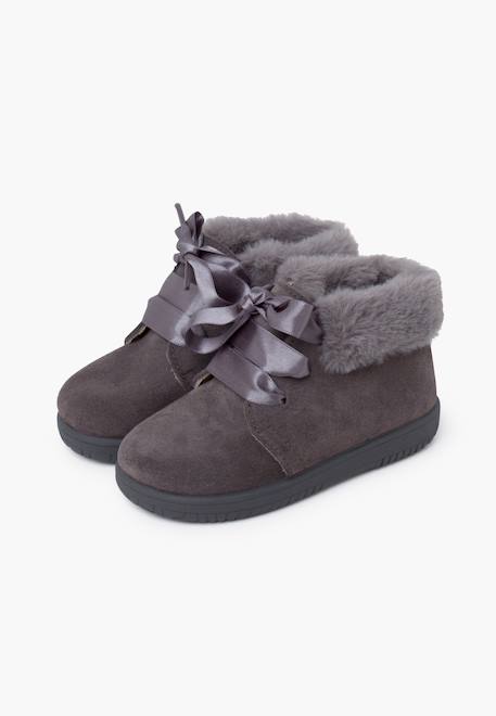 Bottines en suède fille col fourrure lacets en satin Bleu marine+Gris+Marron+Rose+Taupe 10 - vertbaudet enfant 