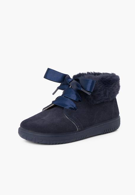 Bottines en suède fille col fourrure lacets en satin Bleu marine+Gris+Marron+Rose+Taupe 2 - vertbaudet enfant 