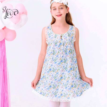 Robe cérémonie  fleurie   à bretelles croisées  anaïs Bleu ciel rose 3 - vertbaudet enfant 
