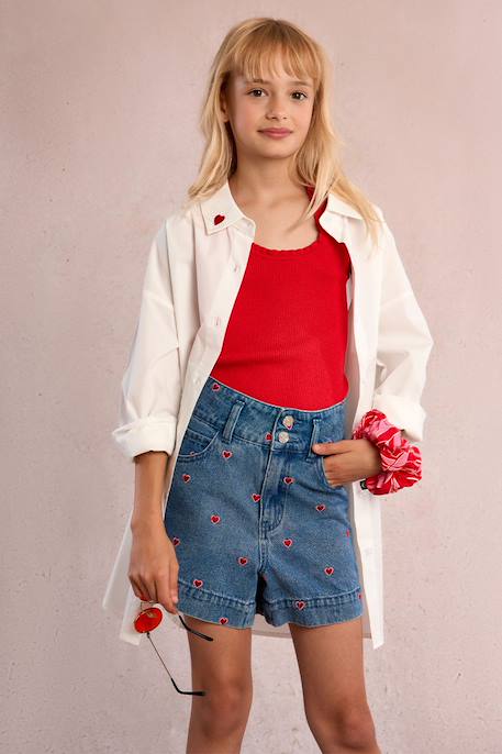 Fille-Short en jean à broderie cœur