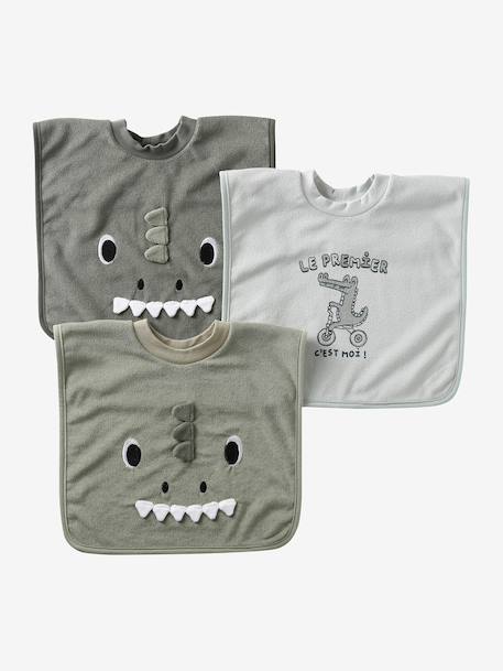 Lot de 3 bavoirs animaux à enfiler écru+sauge 10 - vertbaudet enfant 