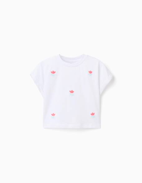 T-shirt court en coton avec fleurs à sequins Blanc 1 - vertbaudet enfant 