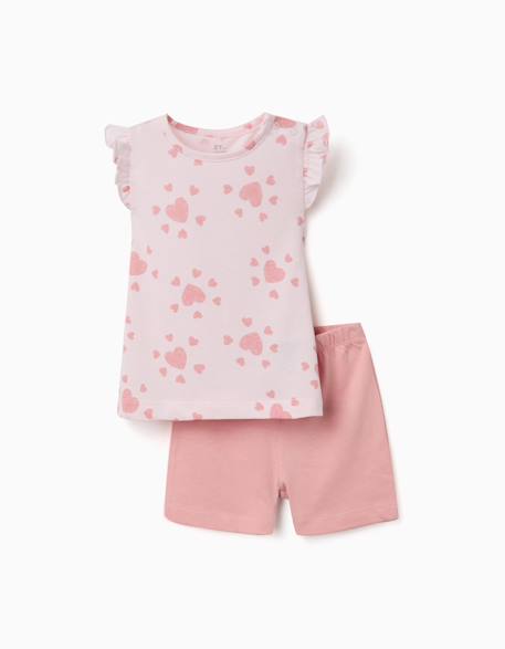 Pyjama en coton avec motif cœur et volants Rose clair 1 - vertbaudet enfant 
