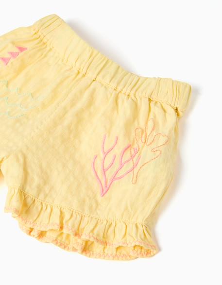 Short en coton avec volants et broderie Jaune clair 3 - vertbaudet enfant 