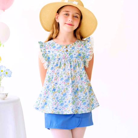Blouse  fleurie liberty   à volants  appoline Bleu ciel rose 3 - vertbaudet enfant 