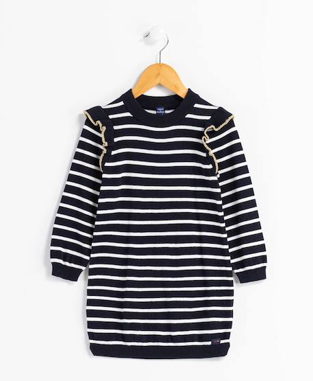 Robe manches longues 100% coton fille Fond naturel raye indigo 2 - vertbaudet enfant 
