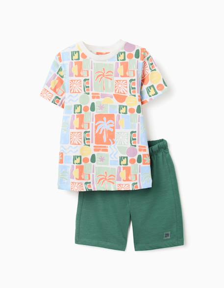 T-shirt en coton avec imprimé plage + short Vert foncé 1 - vertbaudet enfant 