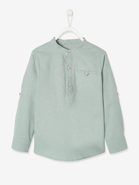 Chemise col Mao en coton/lin garçon manches retroussables blanc+bleu ciel+Bleu moyen+vert 23 - vertbaudet enfant 