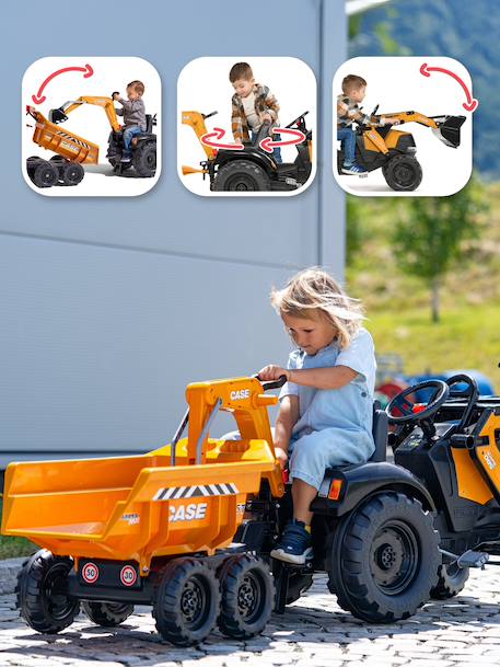 Tractopelle à pédales avec excavatrice arrière, selle pivotante et remorque double essieux basculante Bleu new holland+Jaune komatsu+Orange+Vert claas 15 - vertbaudet enfant 