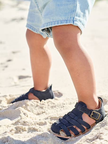 Sandales bébé cuir fermées à boucle marine+marron 6 - vertbaudet enfant 