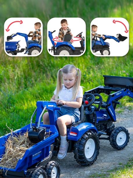 Tractopelle à pédales avec excavatrice arrière, selle pivotante et remorque double essieux basculante Bleu new holland+Jaune komatsu+Orange+Vert claas 3 - vertbaudet enfant 
