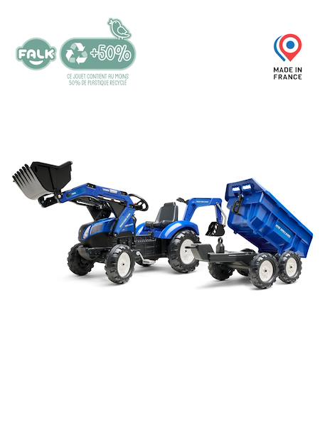 Tractopelle à pédales avec excavatrice arrière, selle pivotante et remorque double essieux basculante Bleu new holland+Jaune komatsu+Orange+Vert claas 4 - vertbaudet enfant 