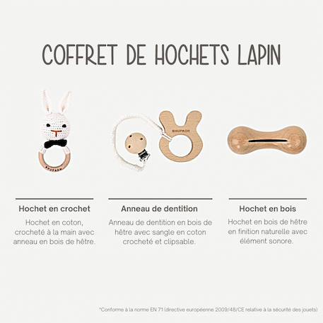 Coffret de 3 hochets en coton et bois naturel Elephant+Lapin 10 - vertbaudet enfant 