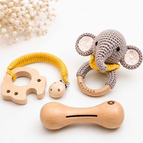 Coffret de 3 hochets en coton et bois naturel Elephant+Lapin 1 - vertbaudet enfant 
