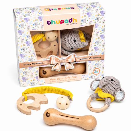 Coffret de 3 hochets en coton et bois naturel Elephant+Lapin 2 - vertbaudet enfant 