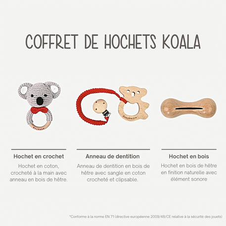 Coffret de 3 hochets en coton et bois naturel Elephant+Koala+Lapin 10 - vertbaudet enfant 