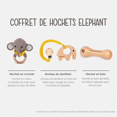 Coffret de 3 hochets en coton et bois naturel Elephant+Lapin 6 - vertbaudet enfant 