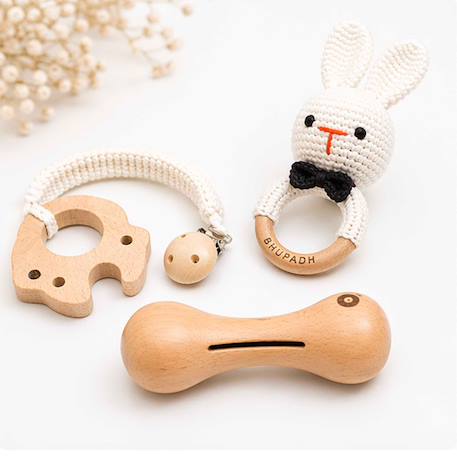 Coffret de 3 hochets en coton et bois naturel Elephant+Lapin 7 - vertbaudet enfant 
