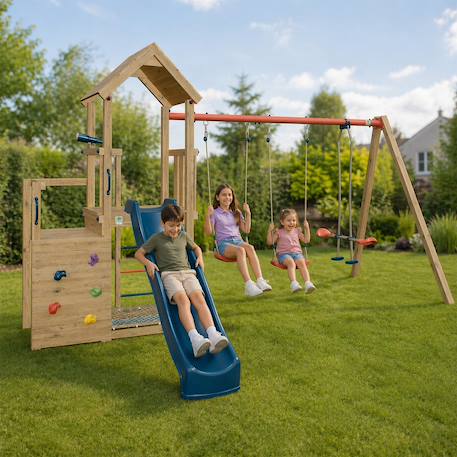 Aire de jeux avec toboggan xchange clever avec poutre métal 3 agrès pour enfants Bois 1 - vertbaudet enfant 
