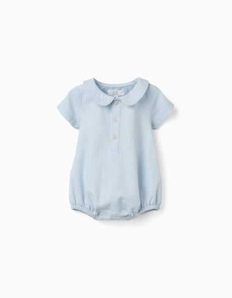 Barboteuse à manches courtes en coton et lin Bleu clair 1 - vertbaudet enfant 