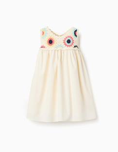 Bébé-Robe, jupe-Robe bi-matière avec fleurs au crochet