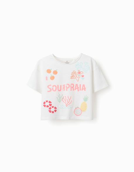 Fille-T-shirt court en coton avec imprimé plage