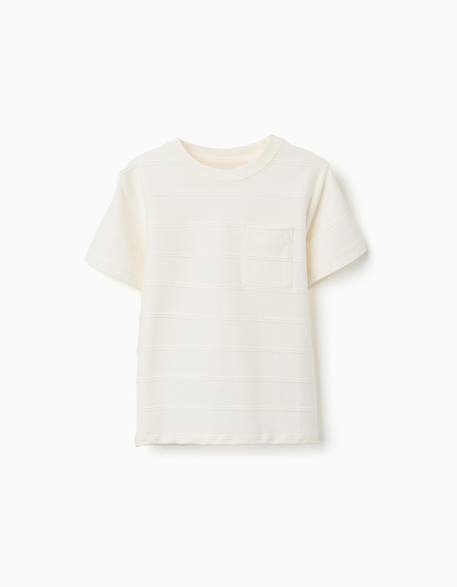 T-shirt en coton avec lignes en relief et poche Blanc+Bleu clair 1 - vertbaudet enfant 