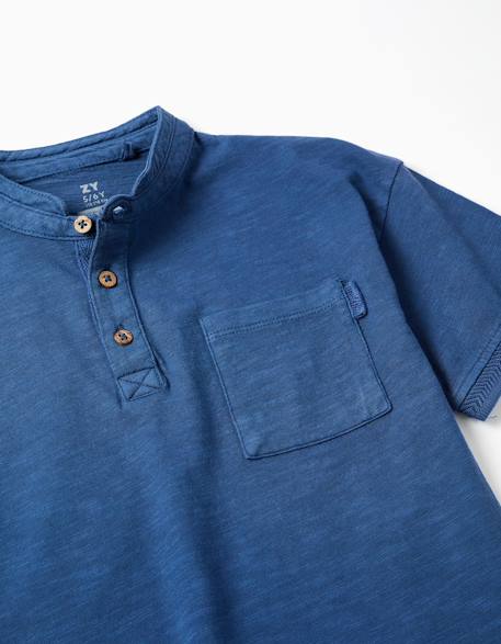 T-shirt en coton avec col mao et poche Bleu foncé+Jaune foncé 3 - vertbaudet enfant 