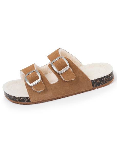 Chaussons mules ouvertes ultra confortables, en cuir Camel+Vert d'eau 6 - vertbaudet enfant 