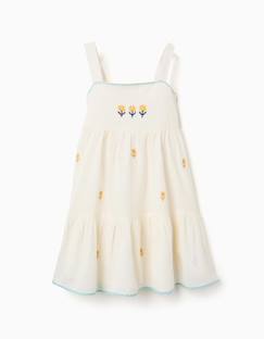 Robe en coton et lin avec fleurs brodées  - vertbaudet enfant