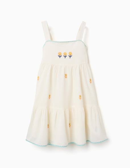 Fille-Robe-Robe en coton et lin avec fleurs brodées