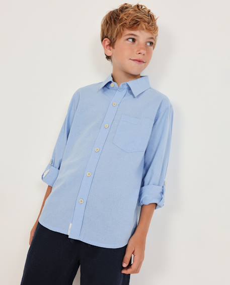 Garçon-Chemise garçon en tissu tissé avec manches à pattes de retroussage