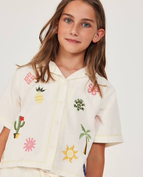 Fille-Chemise, blouse, tunique-Chemise fille unie avec broderies colorées