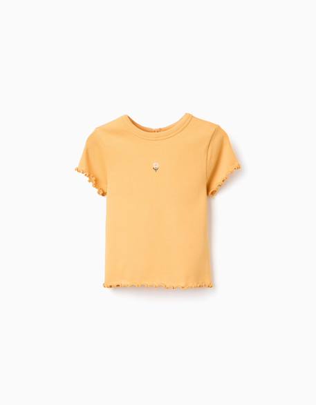 T-shirt côtelé à fleur brodée Beige clair+Jaune foncé 5 - vertbaudet enfant 
