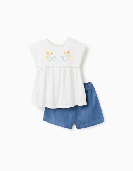 Bébé-T-shirt en coton avec fleurs + short en jean