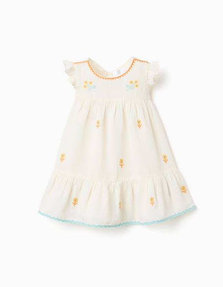 Robe en coton et lin avec fleurs Beige clair 1 - vertbaudet enfant 