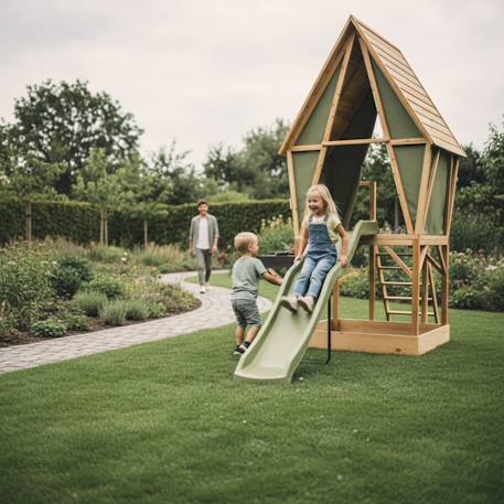 Maisonnette tente en bois fsc toboggan yuki 550 Naturel/vert 5 - vertbaudet enfant 